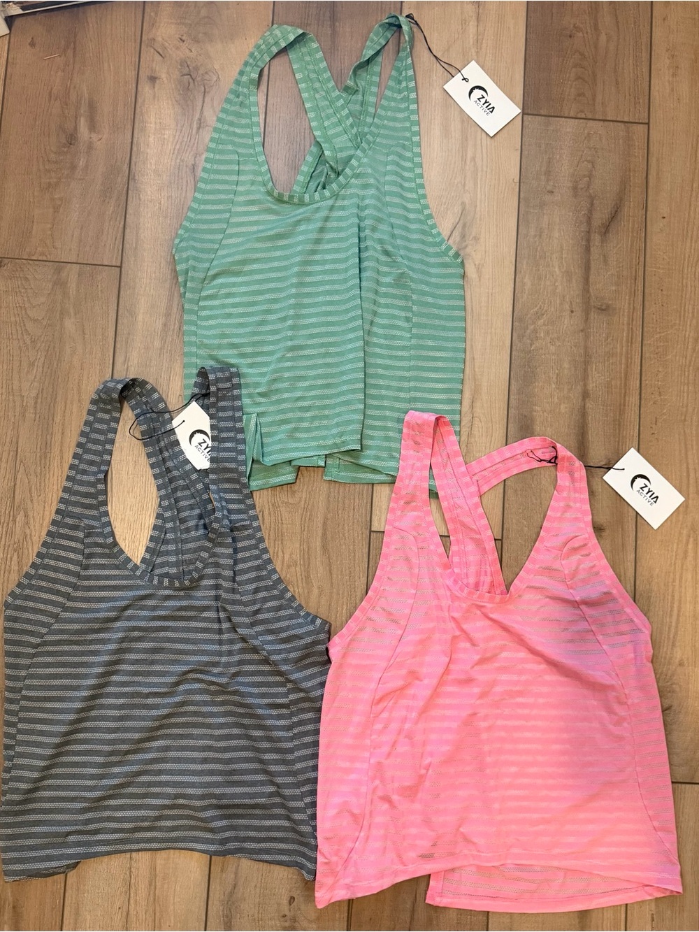 Zyia Active USA Women's Striped Racerback Tank Top Bundle - Green, Pink, Gray